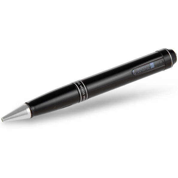 VP-9 pen recorder pro lying diagonally, side view of the black and silver pen