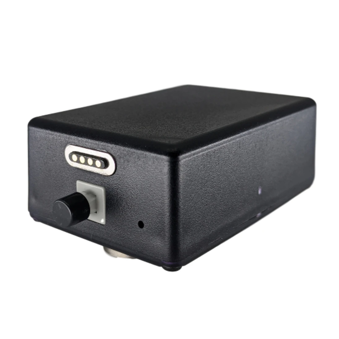 Black Vox 365 magnetic voice activated recorder, side view with power button and charging contacts