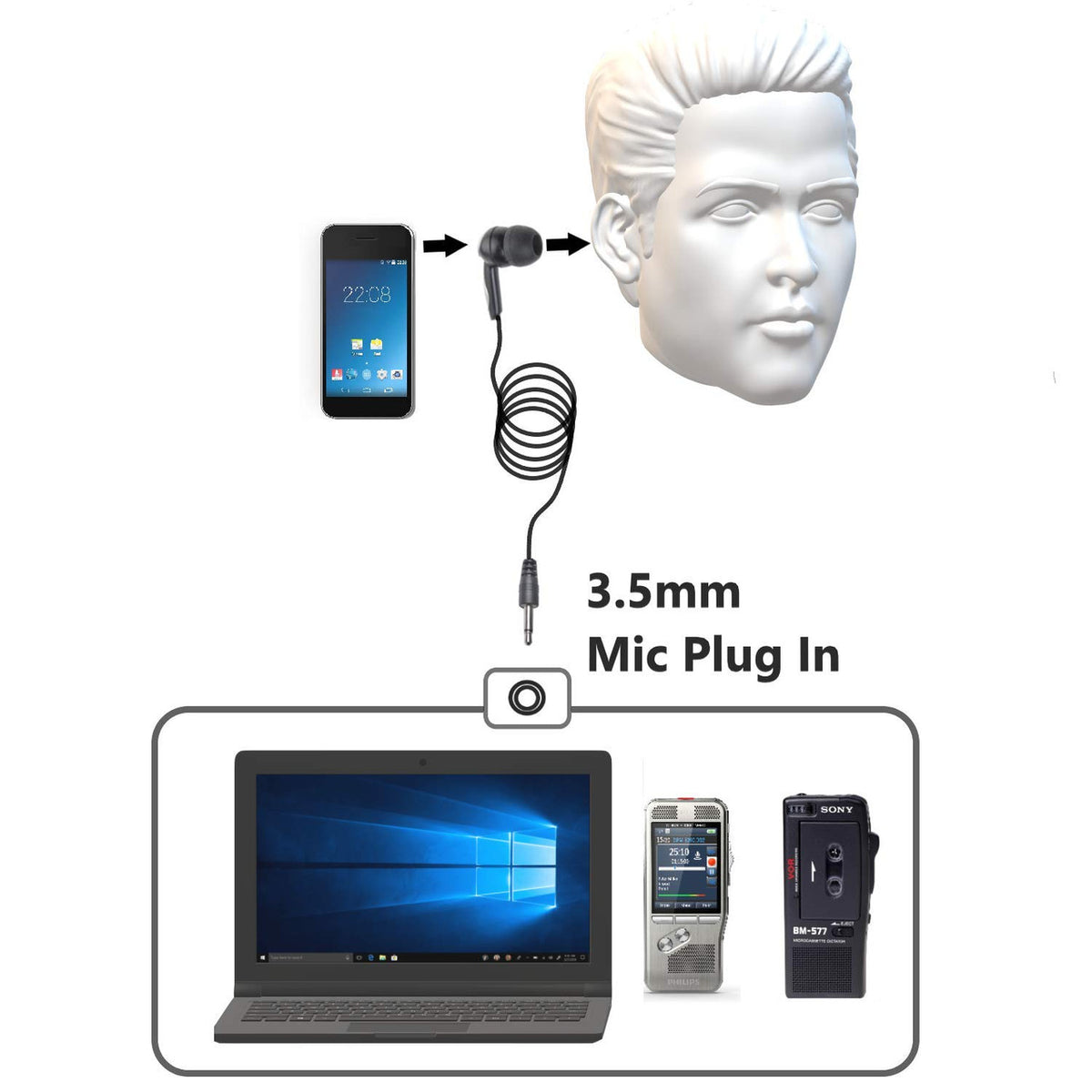Password protected voice recorder VR-10 with phone connect cables