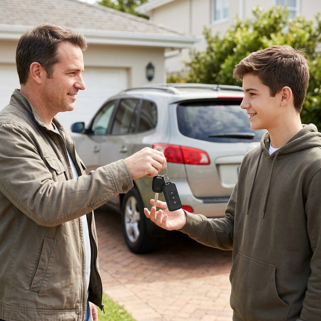 Father handing car keys with a key fob voice recorder to his son in the driveway