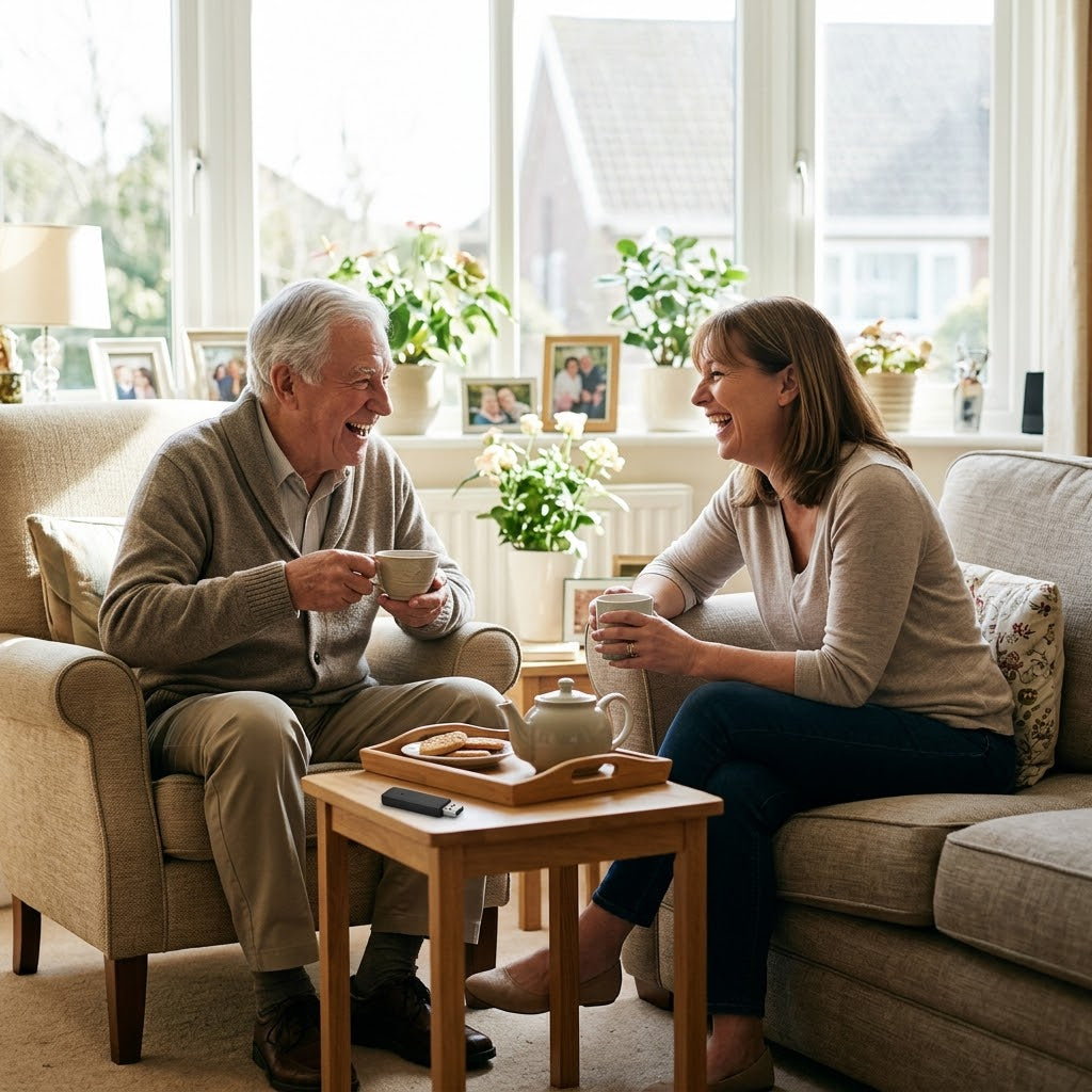 Daughter and elderly father laughing over tea with a long battery voice recorder on the table