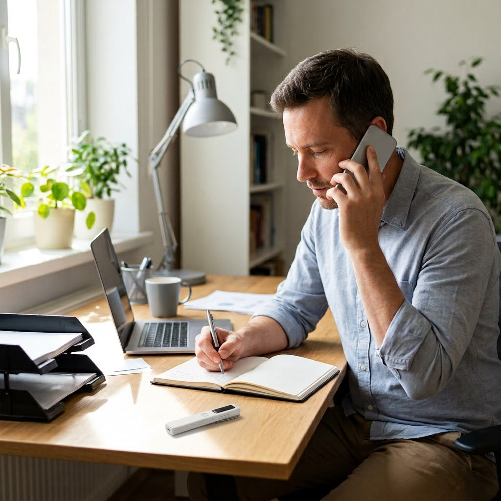 Man taking notes on a business phone call with a voice recorder on his desk