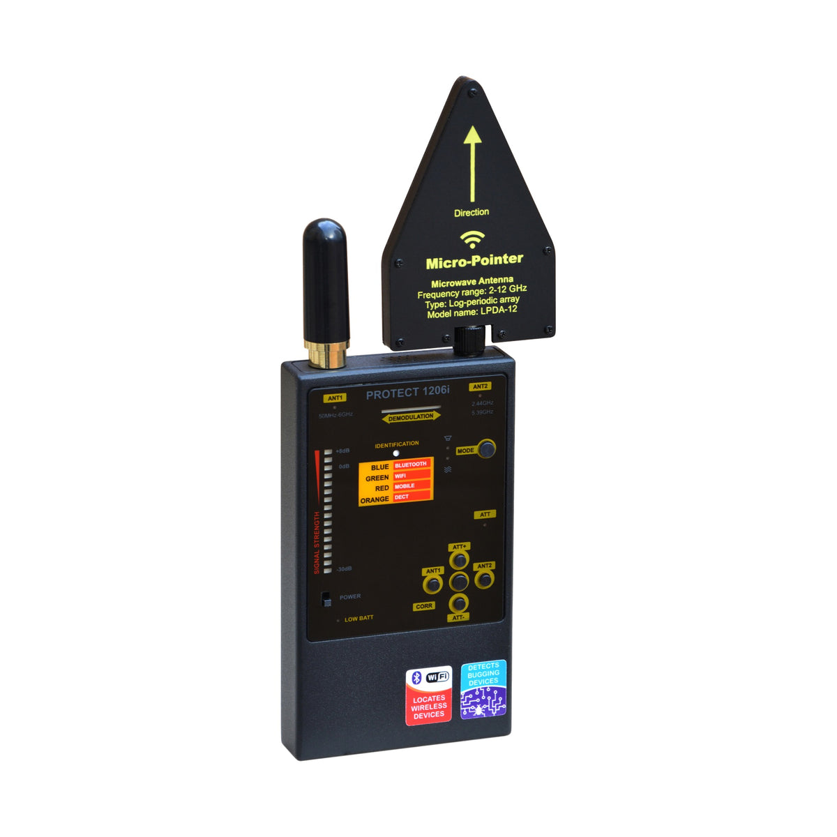 Protect 1206i bug detector scanner with Micro-Pointer antenna, front view of the display, 50 MHz-12 GHz