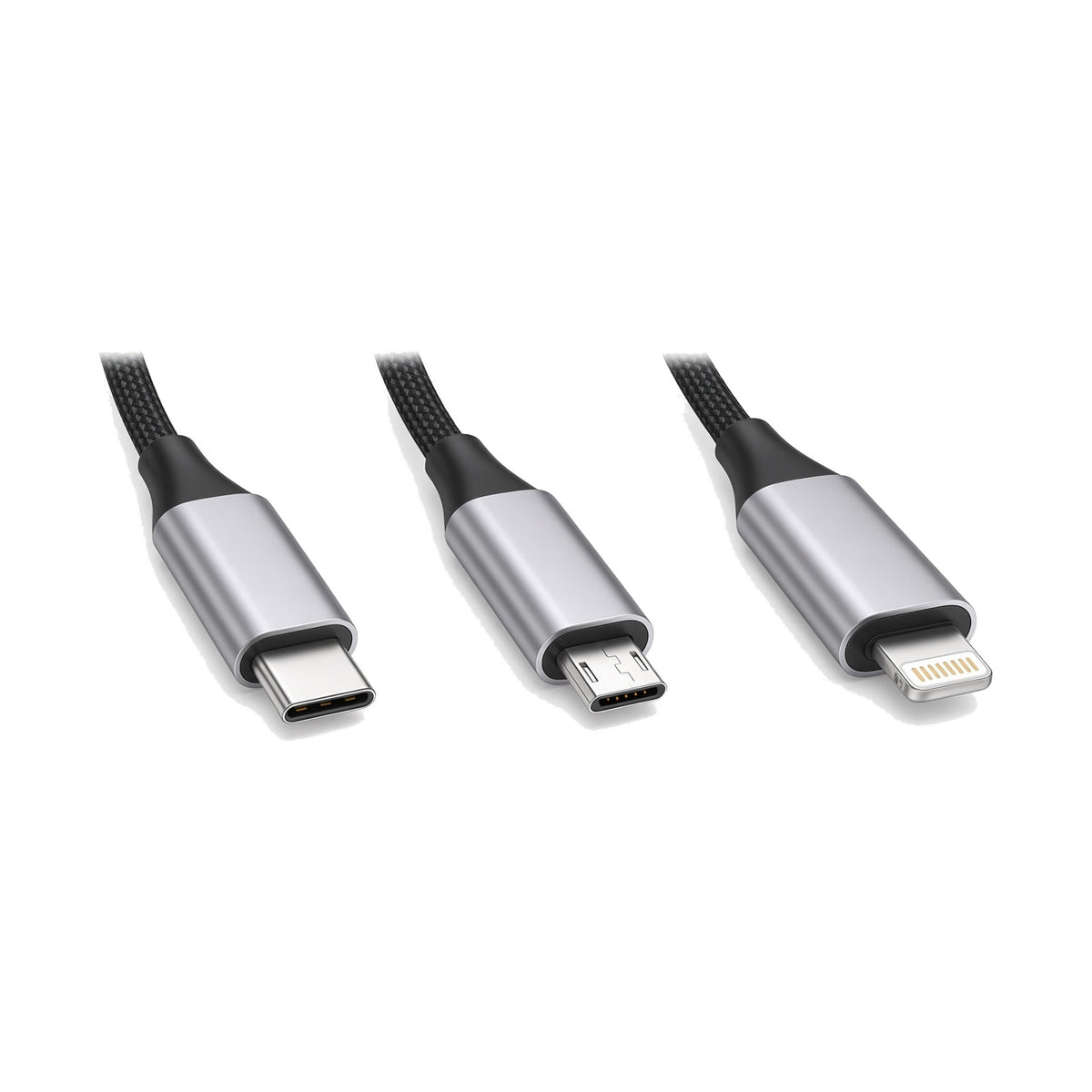 Set of three USB adapters side by side: USB-C, Micro-USB and Lightning, for using a voice recorder with phones and computers