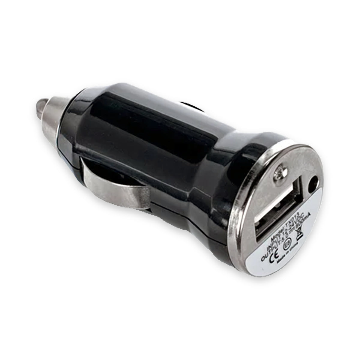 Black USB car charger with one USB-A port that plugs into a car power socket, for charging a voice recorder in the car