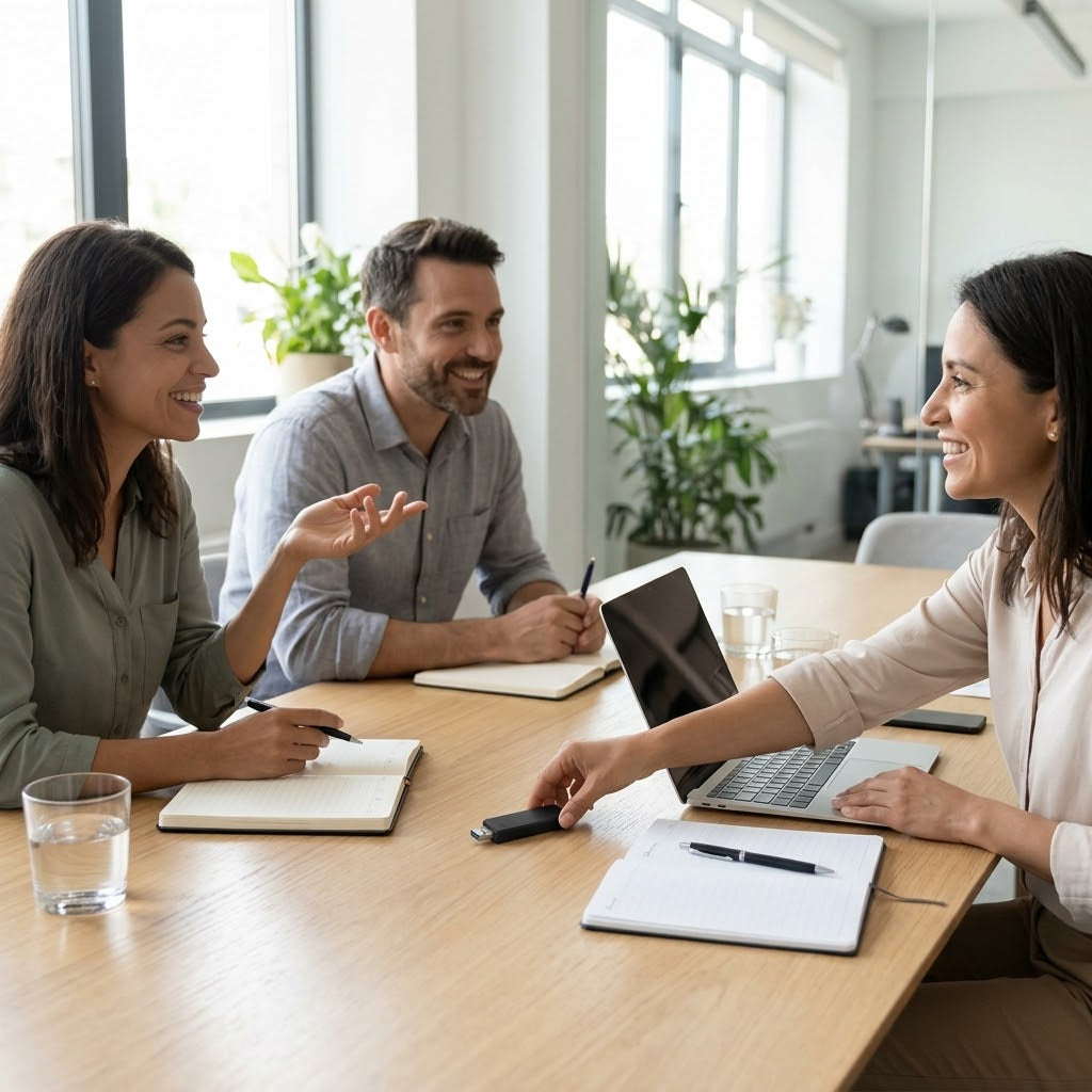 Coworkers smiling in a meeting with a USB voice recorder on the table