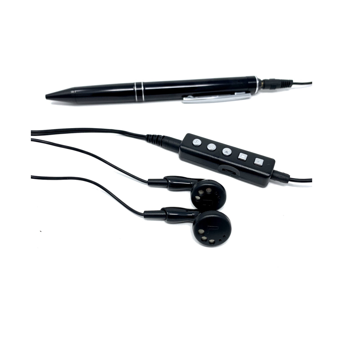 VP-79 voice activated pen recorder with earphones and inline playback controller on white