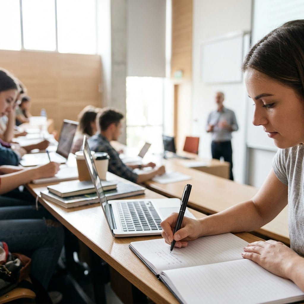 Student taking lecture notes with a pen voice recorder