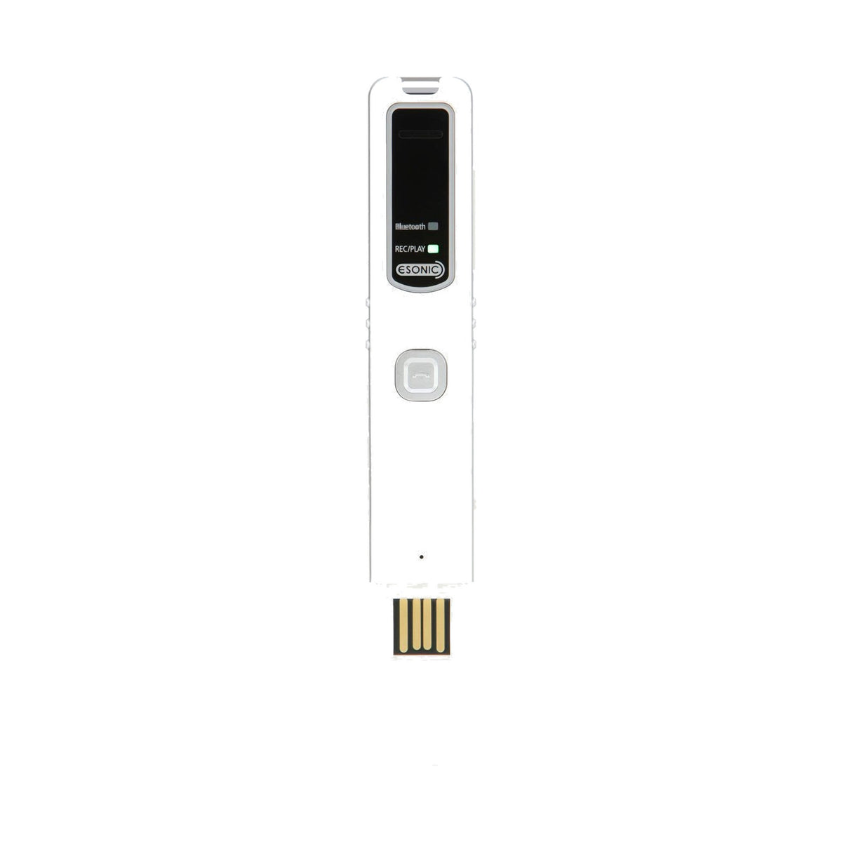 PR-200 Bluetooth phone call recorder, front view of the slim white body with USB connector