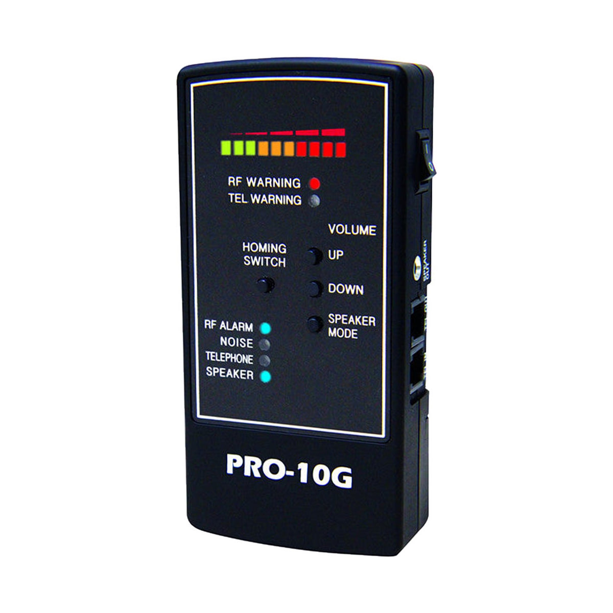 PRO-10G GPS tracker and cell phone detector, front view showing signal lights and controls, up to 10 GHz