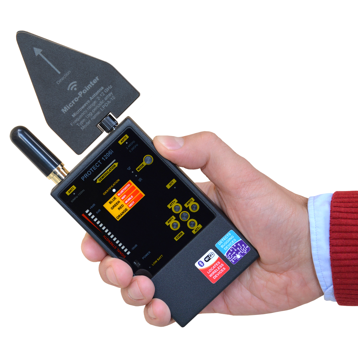 Protect 1206i held in hand with Micro-Pointer antenna