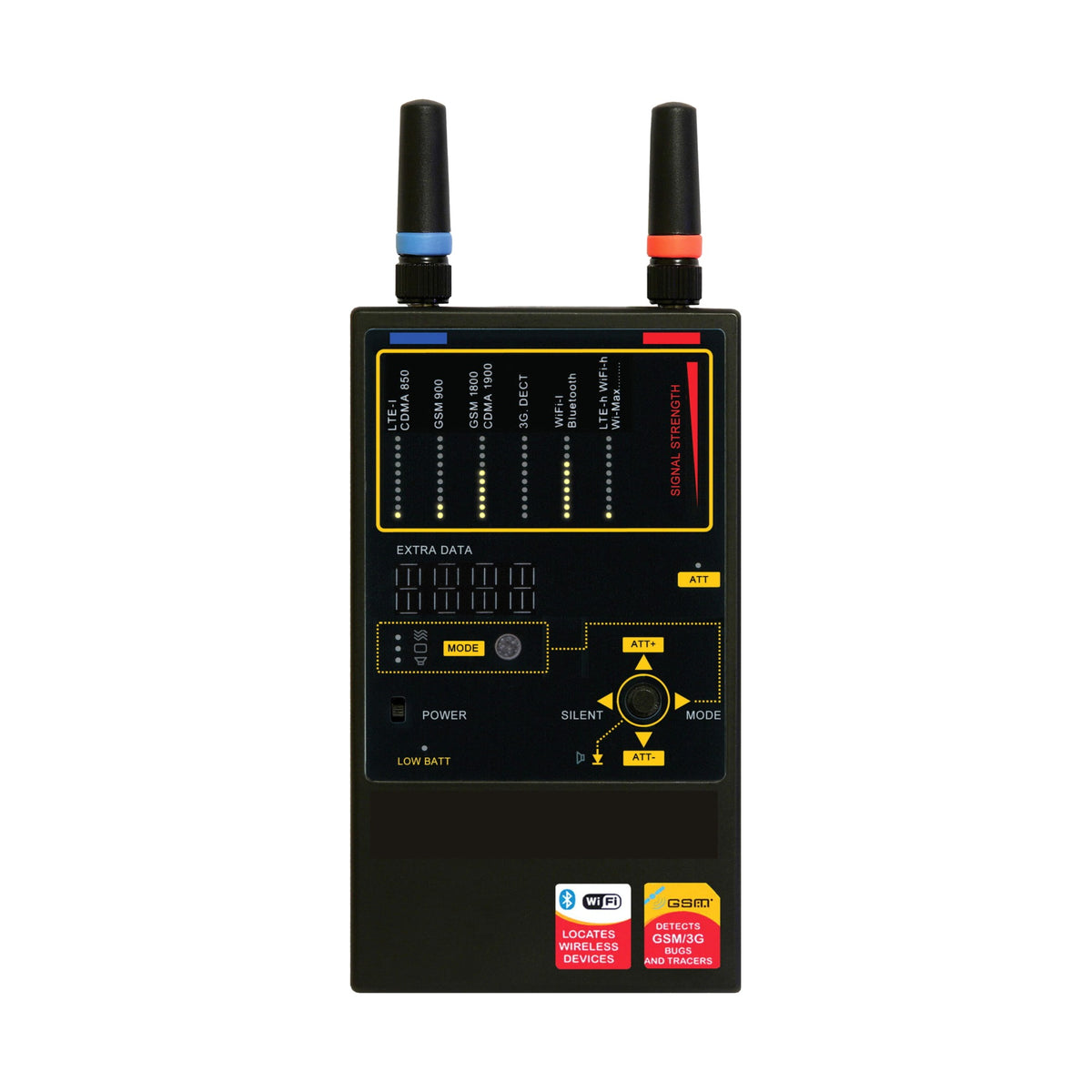 Protect 1207i 6-channel bug and GPS tracker detector, front view of the display and two antennas