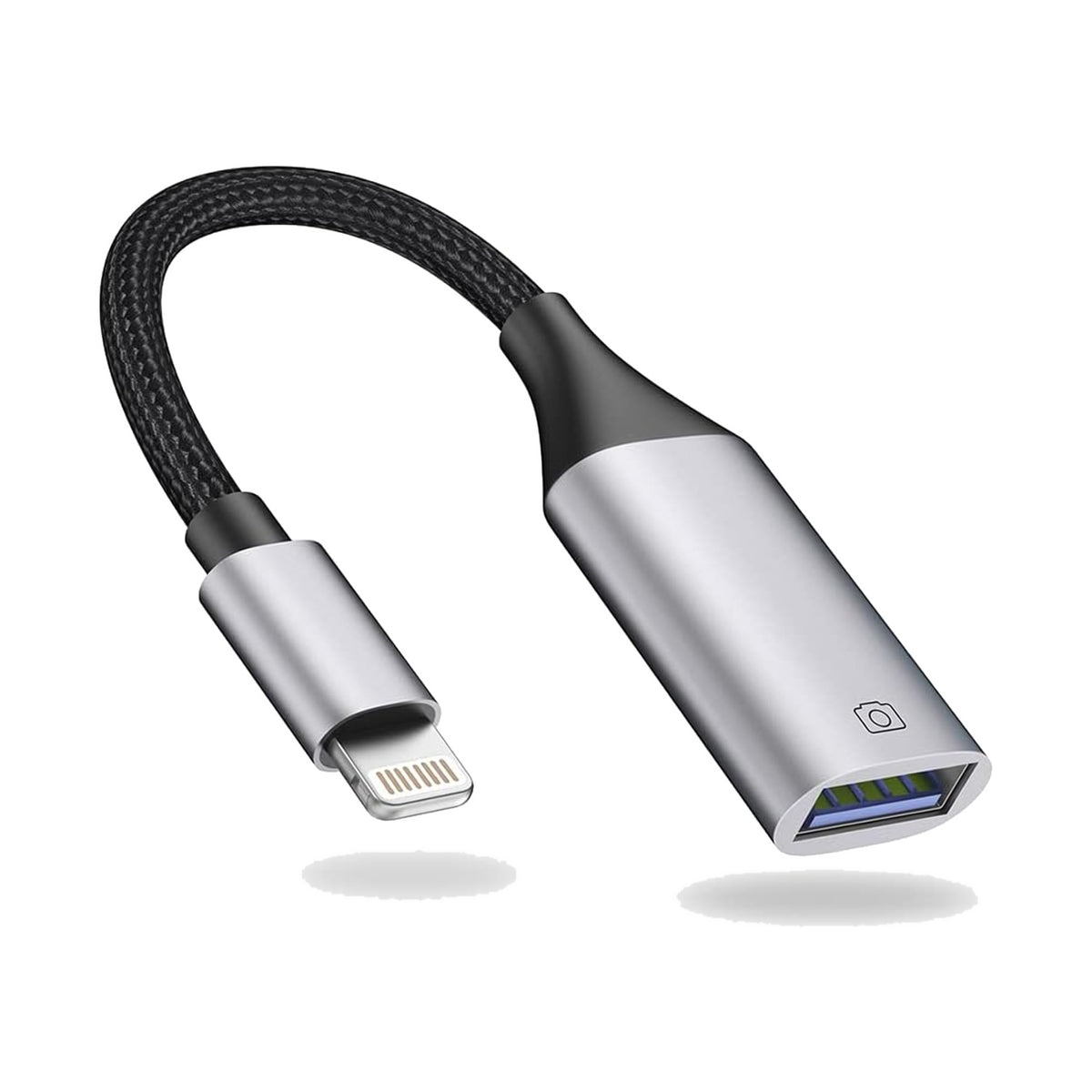 USB-A to Lightning adapter with short black cable, for connecting a voice recorder to an iPhone or iPad