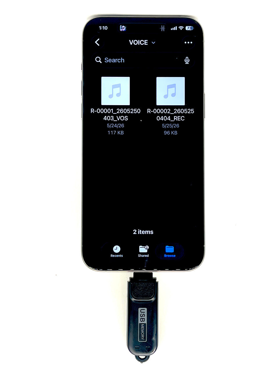 USB-C voice recorder VR-C320 shown in hand for size