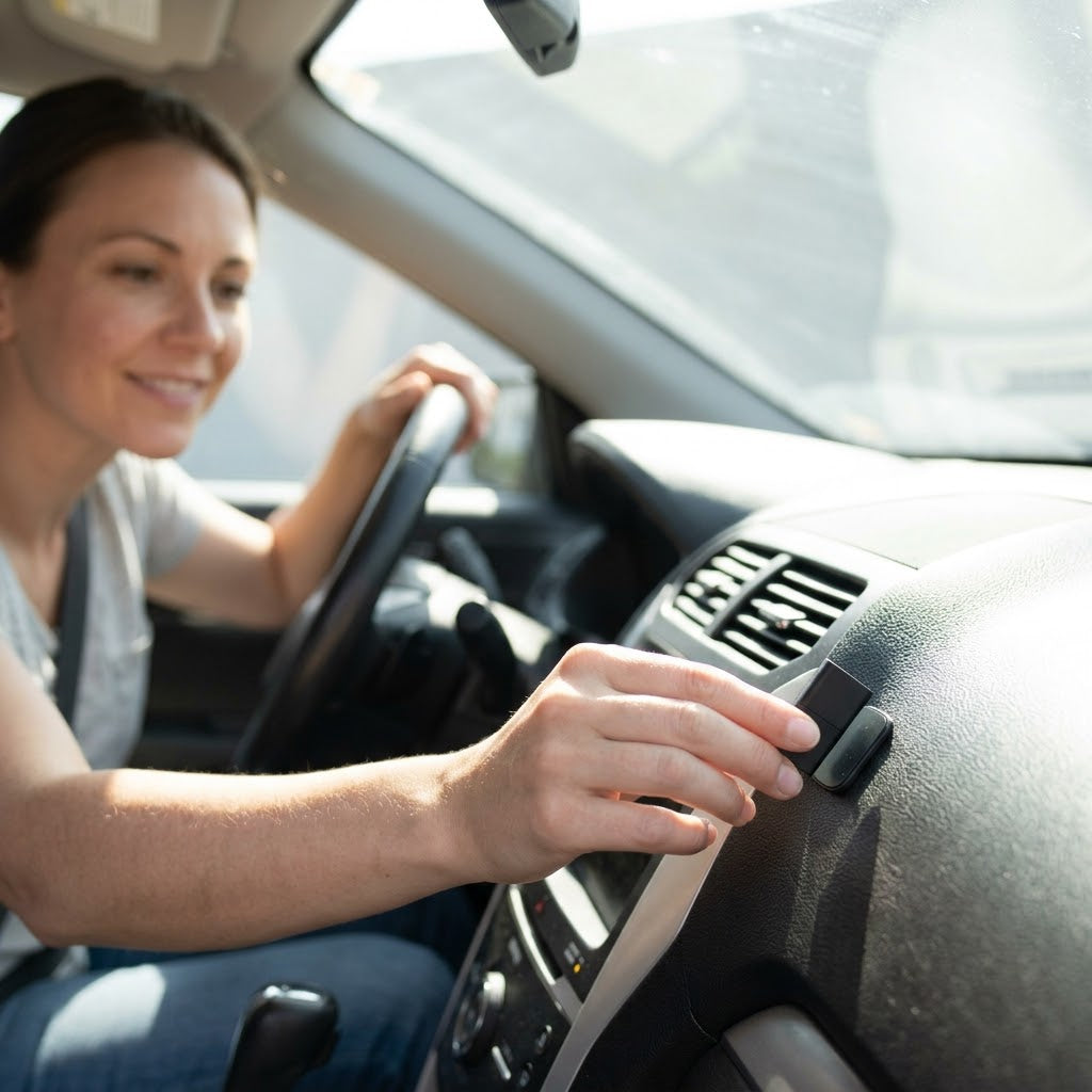 Woman smiling in her car next to a small voice activated recorder on the dashboard
