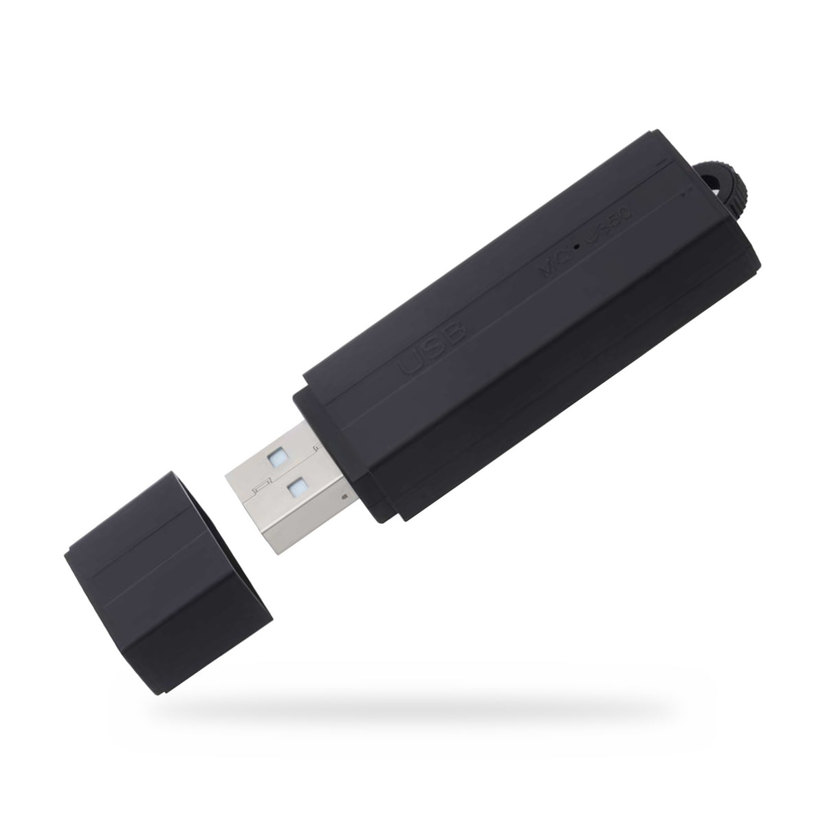 VR-8 USB flash drive voice activated recorder with cap removed, shown at an angle on white, 288 hours of storage