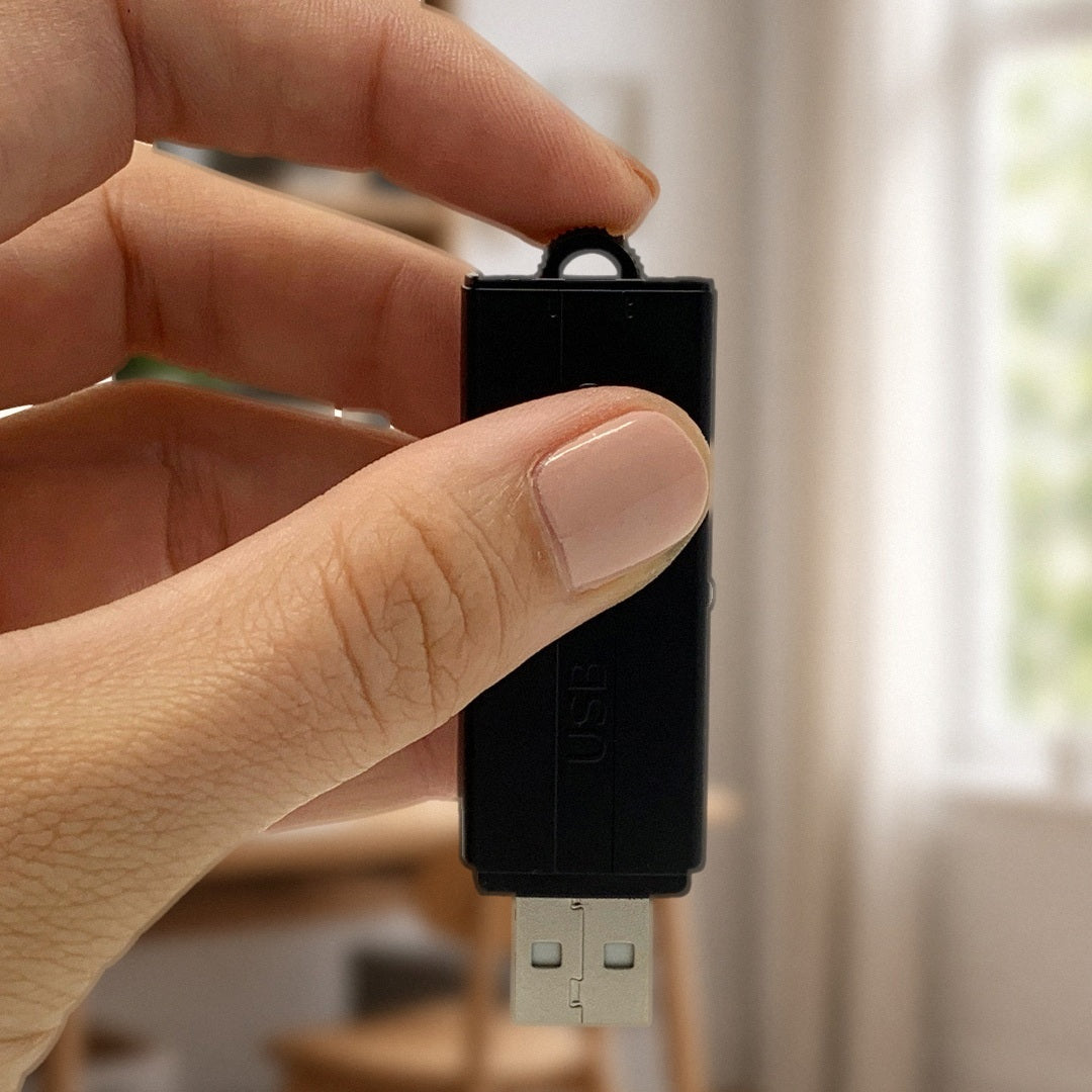 VR-8 voice activated recorder held between two fingers, the size of a USB flash drive